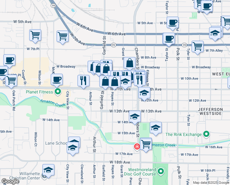 map of restaurants, bars, coffee shops, grocery stores, and more near 1880 West 11th Avenue in Eugene