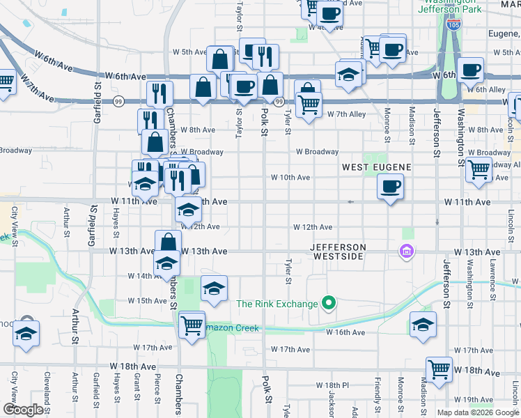 map of restaurants, bars, coffee shops, grocery stores, and more near 1130 Polk Street in Eugene
