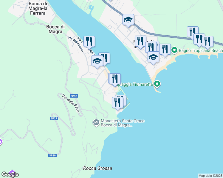map of restaurants, bars, coffee shops, grocery stores, and more near Via Santa Croce in Bocca di Magra