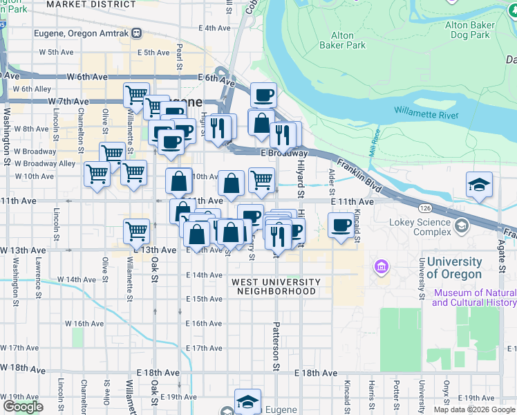 map of restaurants, bars, coffee shops, grocery stores, and more near 488 East 11th Avenue in Eugene