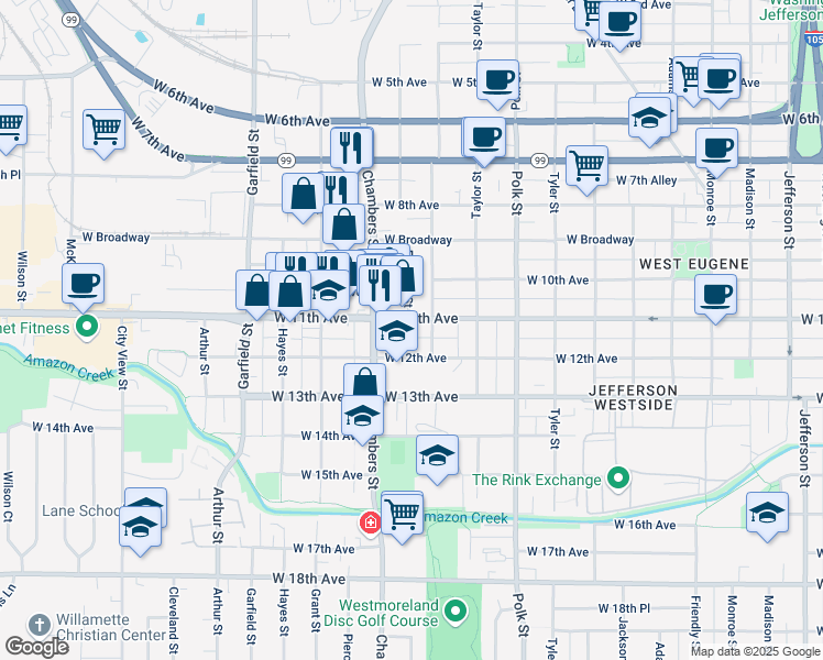 map of restaurants, bars, coffee shops, grocery stores, and more near 1612 West 11th Avenue in Eugene
