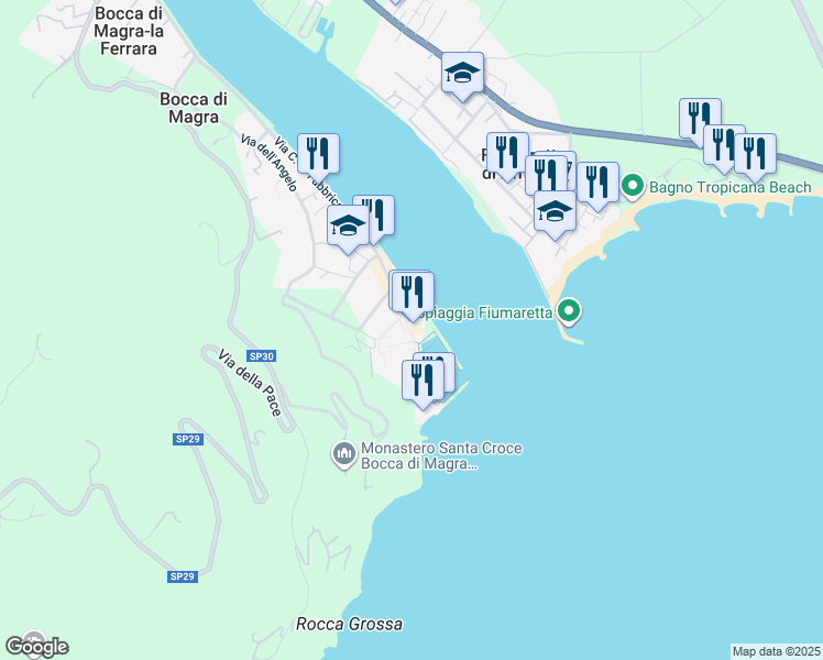 map of restaurants, bars, coffee shops, grocery stores, and more near 63 Via C. A. Fabbricotti in Bocca di Magra