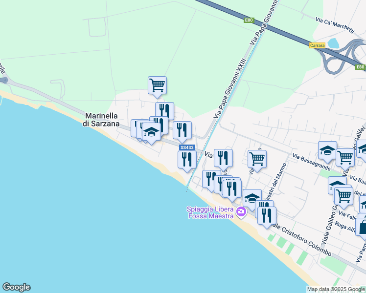 map of restaurants, bars, coffee shops, grocery stores, and more near 116 Viale Litoraneo in Marinella di Sarzana