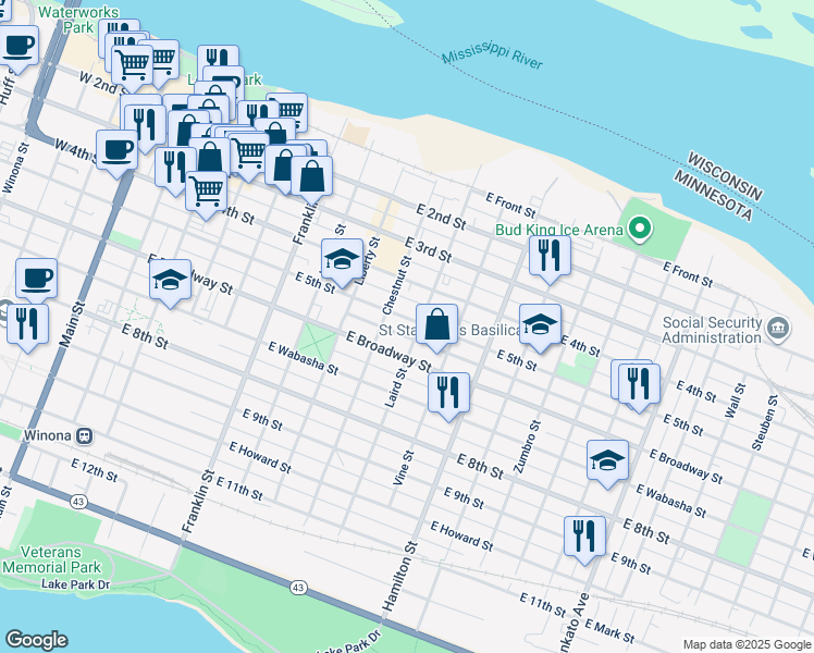 map of restaurants, bars, coffee shops, grocery stores, and more near 423 East 5th Street in Winona