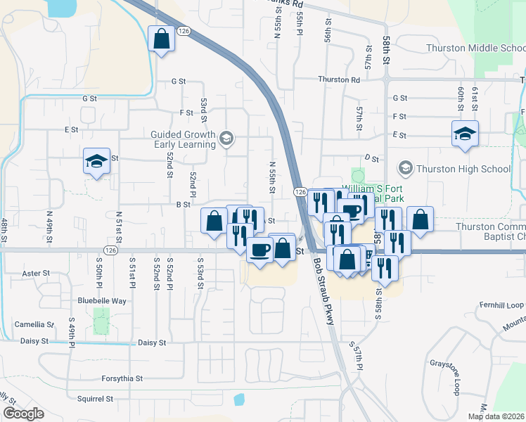 map of restaurants, bars, coffee shops, grocery stores, and more near 5426 A Street in Springfield