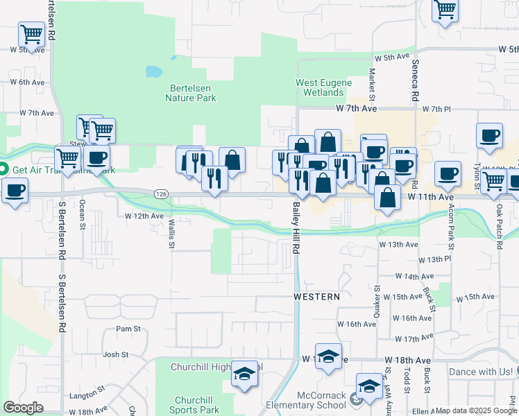 map of restaurants, bars, coffee shops, grocery stores, and more near 3768 West 11th Avenue in Eugene