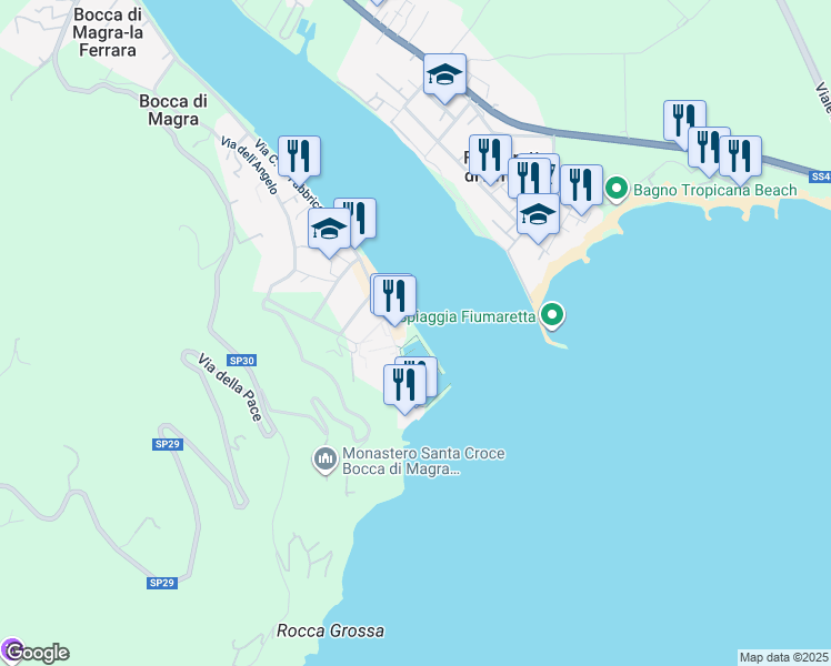map of restaurants, bars, coffee shops, grocery stores, and more near 63 Via C. A. Fabbricotti in Bocca di Magra