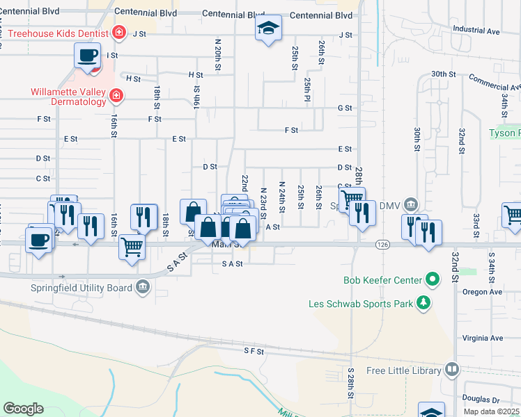 map of restaurants, bars, coffee shops, grocery stores, and more near 296 North 23rd Street in Springfield