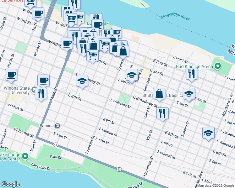 map of restaurants, bars, coffee shops, grocery stores, and more near 277 East Broadway Street in Winona