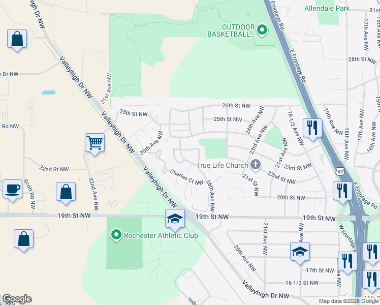 map of restaurants, bars, coffee shops, grocery stores, and more near 2316 Hampton Rhodes Court Northwest in Rochester