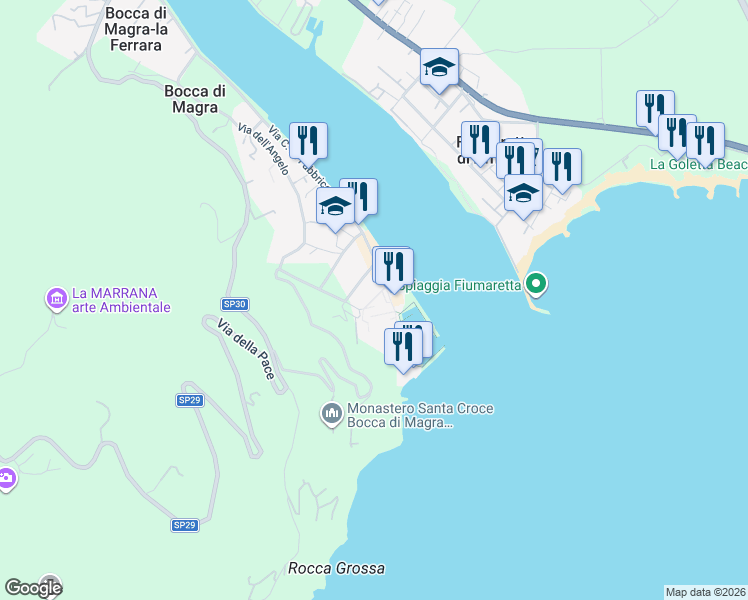 map of restaurants, bars, coffee shops, grocery stores, and more near Via Santa Croce in Bocca di Magra