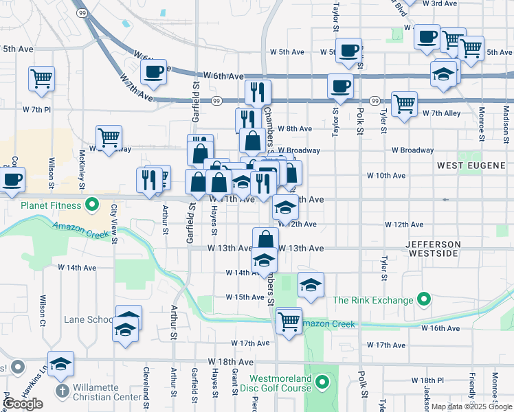 map of restaurants, bars, coffee shops, grocery stores, and more near 1754 West 11th Avenue in Eugene