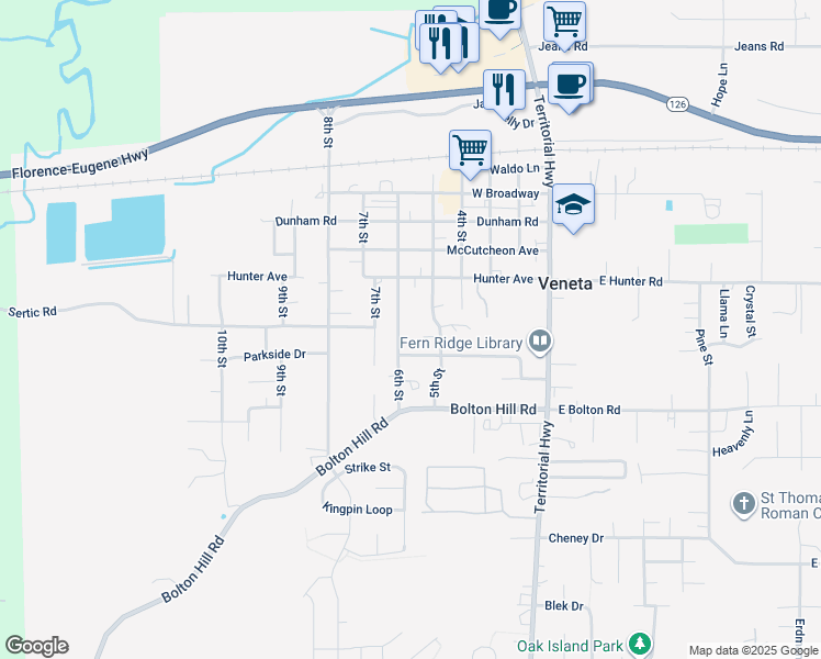 map of restaurants, bars, coffee shops, grocery stores, and more near 88057 6th St in Veneta