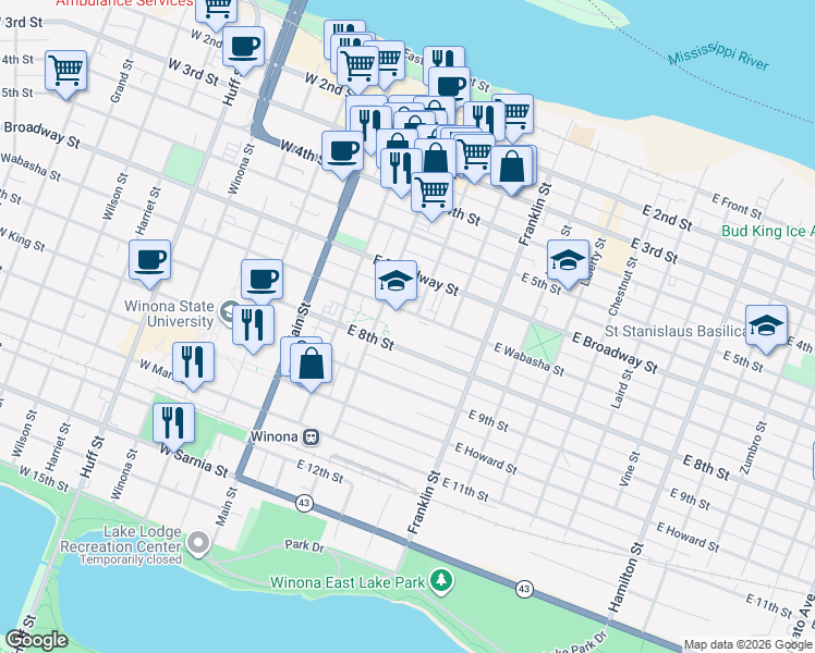 map of restaurants, bars, coffee shops, grocery stores, and more near 123 East Wabasha Street in Winona