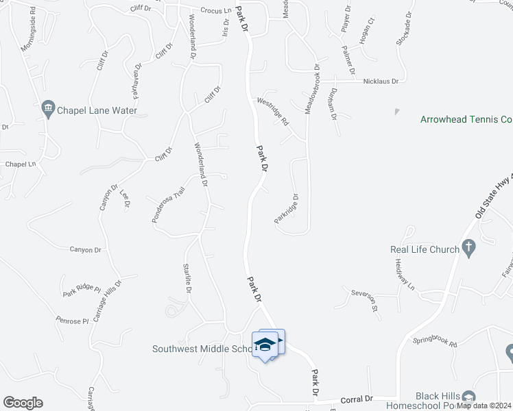 map of restaurants, bars, coffee shops, grocery stores, and more near 3850 Park Drive in Rapid City