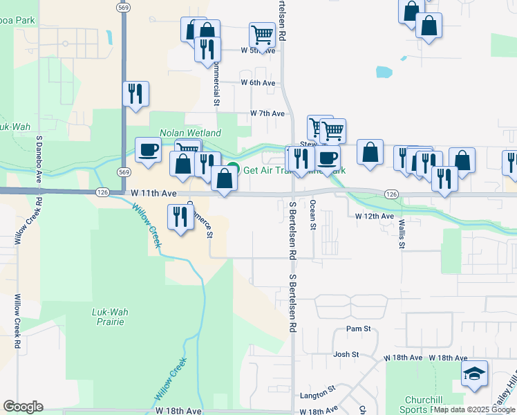 map of restaurants, bars, coffee shops, grocery stores, and more near 4140 W 11th Ave in Eugene