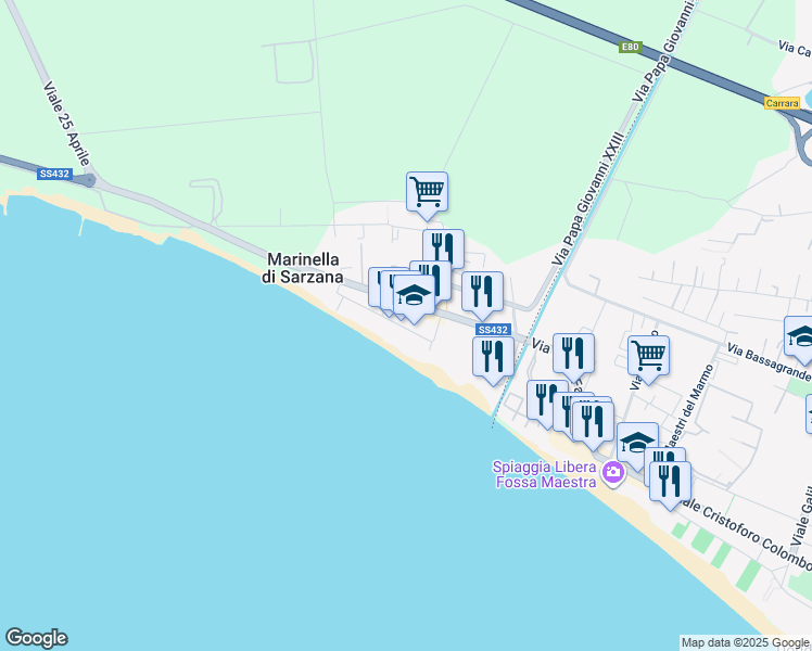 map of restaurants, bars, coffee shops, grocery stores, and more near 88 Viale John Fitzgerald Kennedy in Marinella di Sarzana