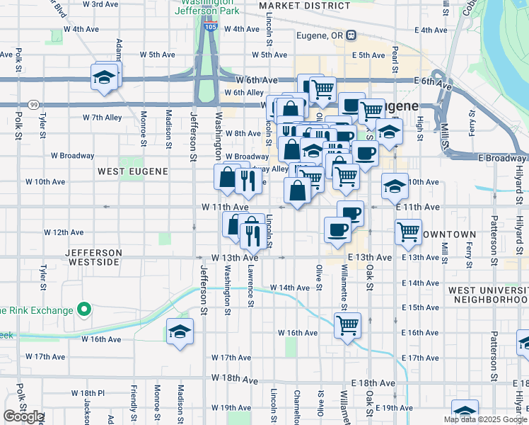 map of restaurants, bars, coffee shops, grocery stores, and more near 1102 Lincoln Street in Eugene