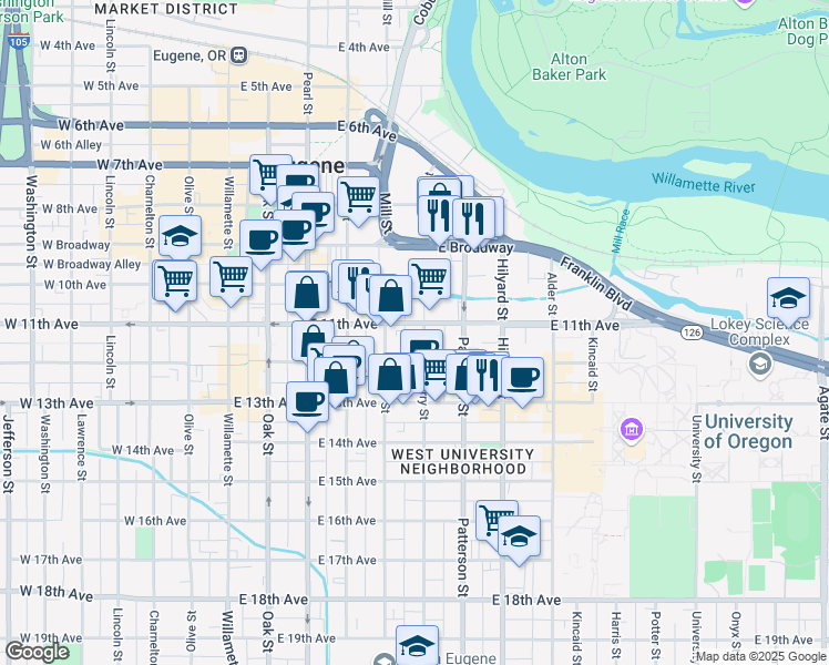 map of restaurants, bars, coffee shops, grocery stores, and more near 488 East 11th Avenue in Eugene