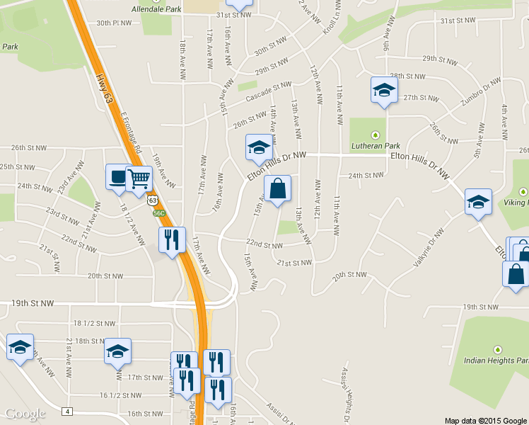 map of restaurants, bars, coffee shops, grocery stores, and more near 2304 15th Avenue Northwest in Rochester