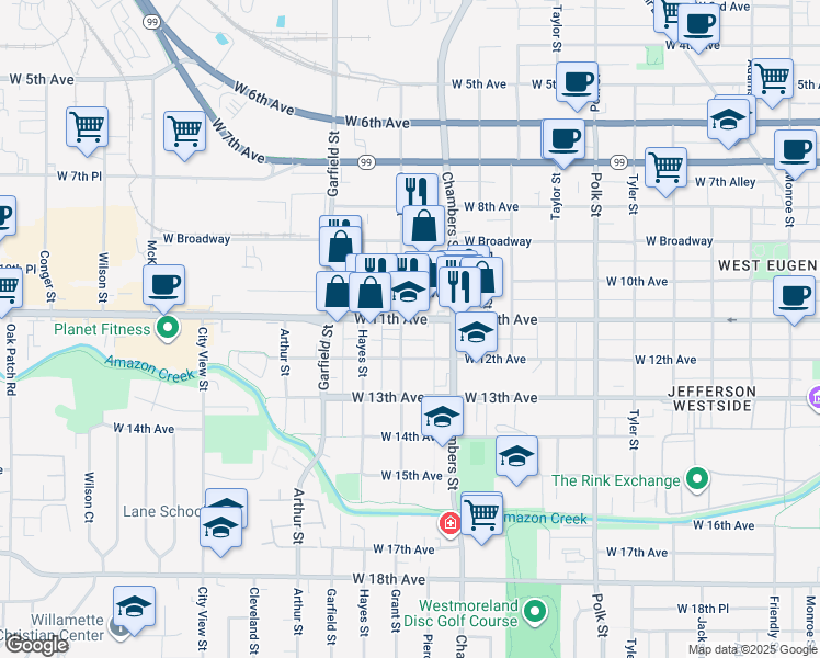 map of restaurants, bars, coffee shops, grocery stores, and more near 1790 West 11th Avenue in Eugene