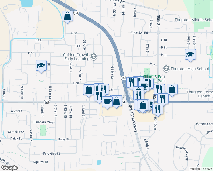 map of restaurants, bars, coffee shops, grocery stores, and more near 5426 A St in Springfield