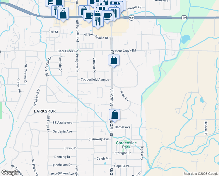 map of restaurants, bars, coffee shops, grocery stores, and more near 21189 Silverado Valley Lane in Bend