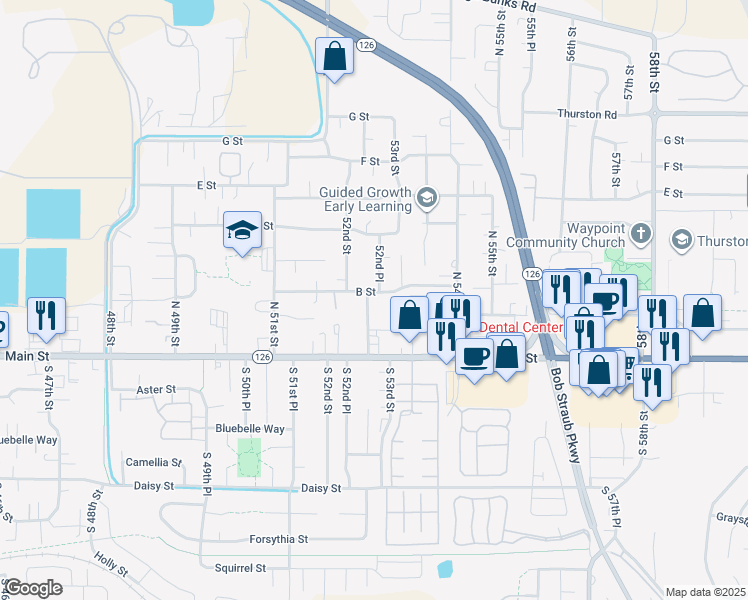 map of restaurants, bars, coffee shops, grocery stores, and more near 5297 B Street in Springfield