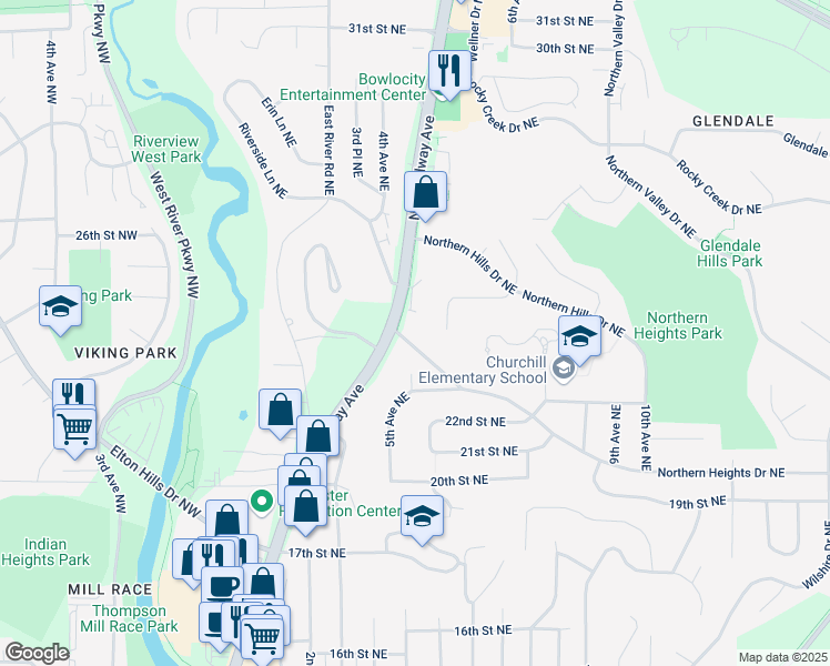 map of restaurants, bars, coffee shops, grocery stores, and more near 427 Northern Heights Drive Northeast in Rochester