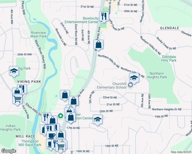 map of restaurants, bars, coffee shops, grocery stores, and more near 427 Northern Heights Drive Northeast in Rochester