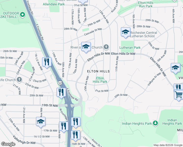 map of restaurants, bars, coffee shops, grocery stores, and more near 2304 15th Avenue Northwest in Rochester