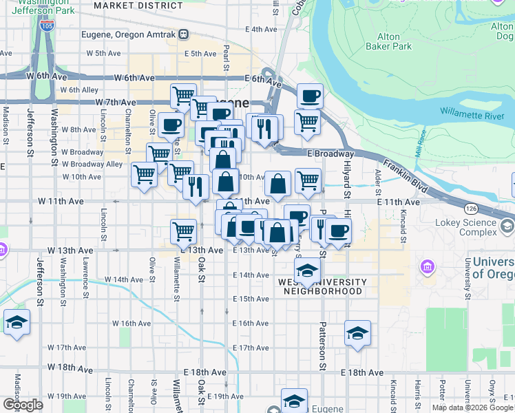 map of restaurants, bars, coffee shops, grocery stores, and more near 340 East 11th Avenue in Eugene