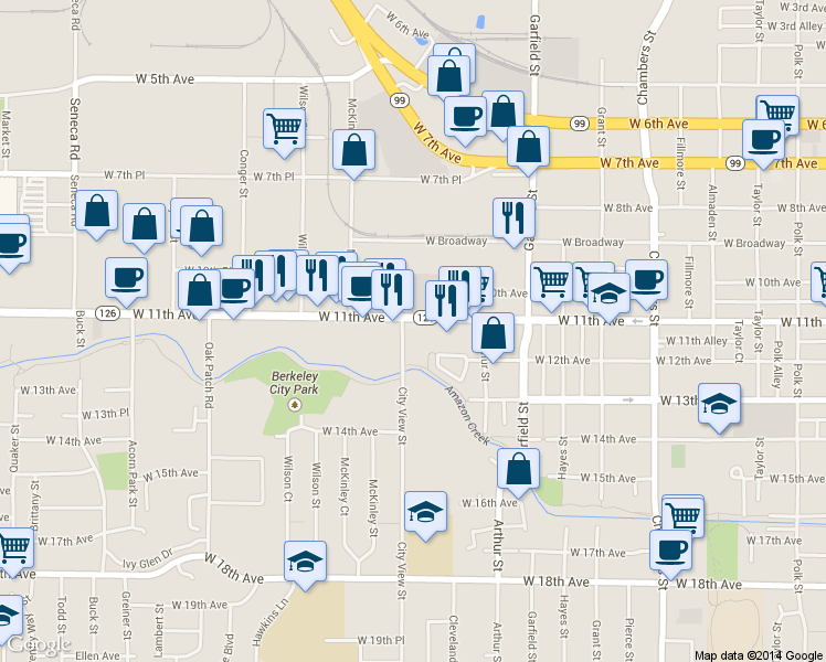 map of restaurants, bars, coffee shops, grocery stores, and more near 2290 West 11th Avenue in Eugene