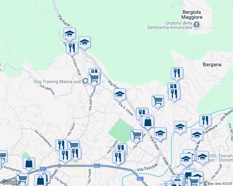 map of restaurants, bars, coffee shops, grocery stores, and more near 34 Via San Vitale in Massa
