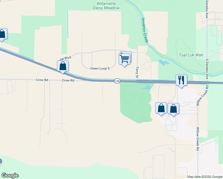 map of restaurants, bars, coffee shops, grocery stores, and more near 5102-5334 Mapleton Eugene Highway in Eugene