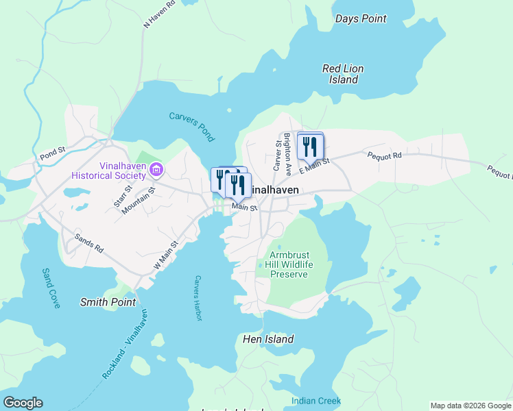 map of restaurants, bars, coffee shops, grocery stores, and more near 66 Main Street in Vinalhaven