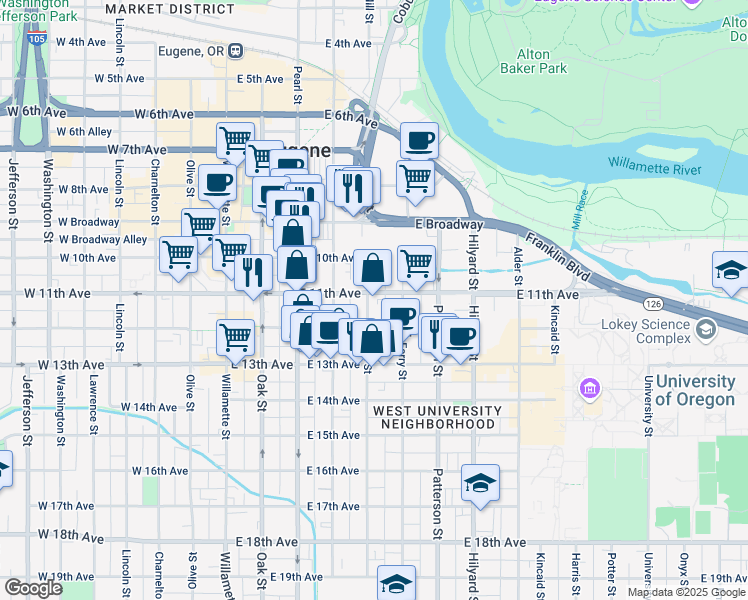 map of restaurants, bars, coffee shops, grocery stores, and more near 410 East 11th Avenue in Eugene