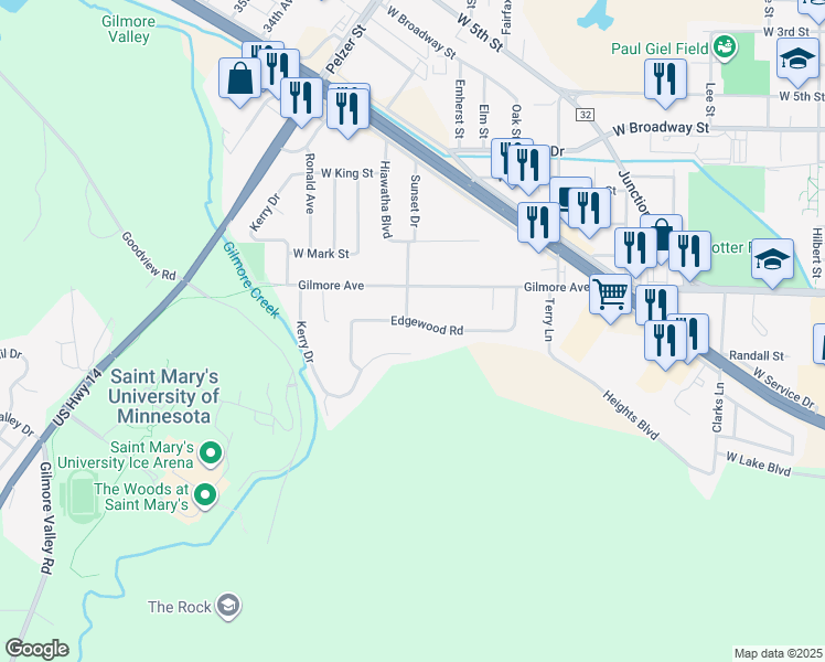 map of restaurants, bars, coffee shops, grocery stores, and more near 1781 Edgewood Road in Winona