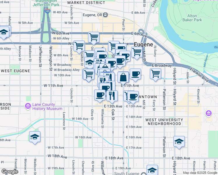 map of restaurants, bars, coffee shops, grocery stores, and more near 98 East 11th Avenue in Eugene