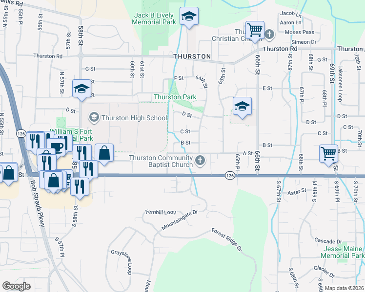 map of restaurants, bars, coffee shops, grocery stores, and more near 6311 B Street in Springfield