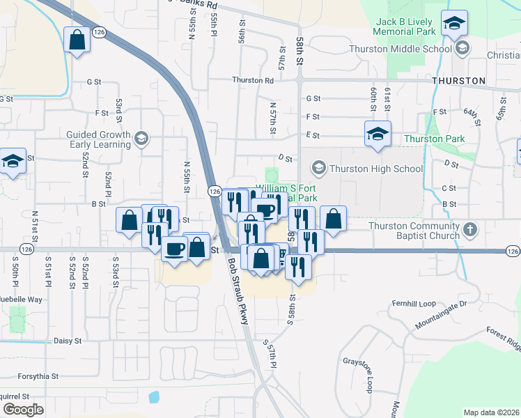 map of restaurants, bars, coffee shops, grocery stores, and more near 5736 A Street in Springfield