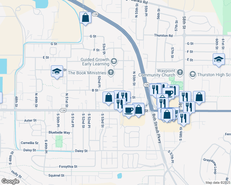 map of restaurants, bars, coffee shops, grocery stores, and more near 270 54th Street in Springfield