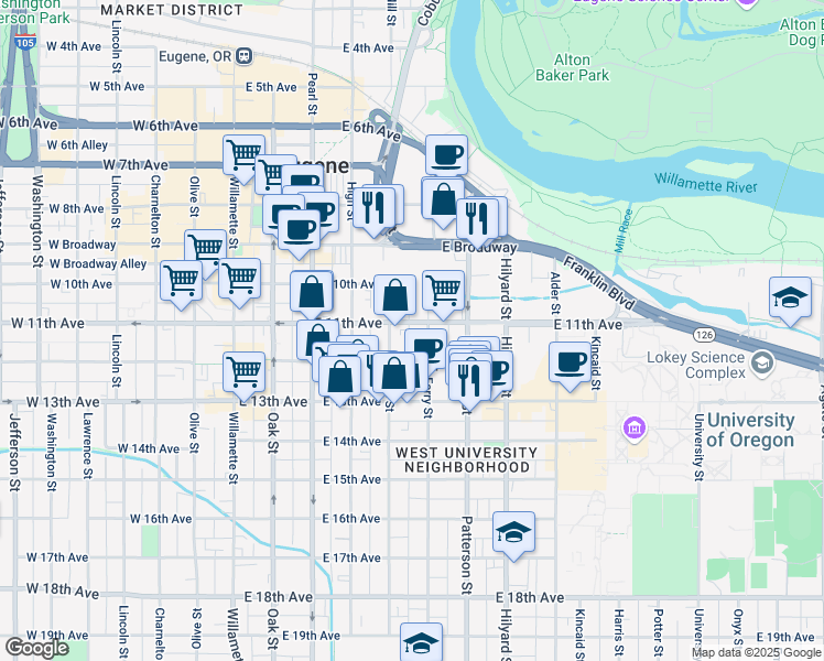 map of restaurants, bars, coffee shops, grocery stores, and more near 488 East 11th Avenue in Eugene