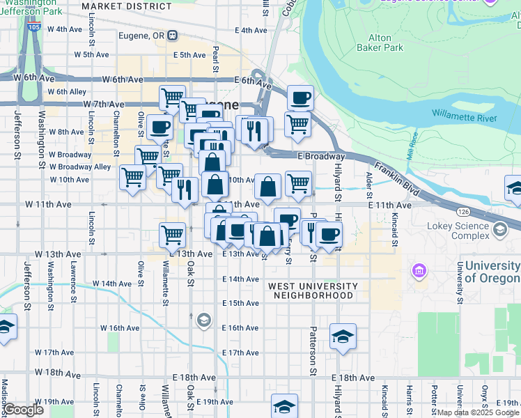 map of restaurants, bars, coffee shops, grocery stores, and more near 388 East 11th Avenue in Eugene