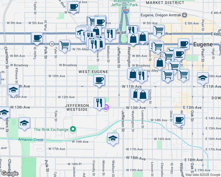 map of restaurants, bars, coffee shops, grocery stores, and more near 700 West 11th Avenue in Eugene