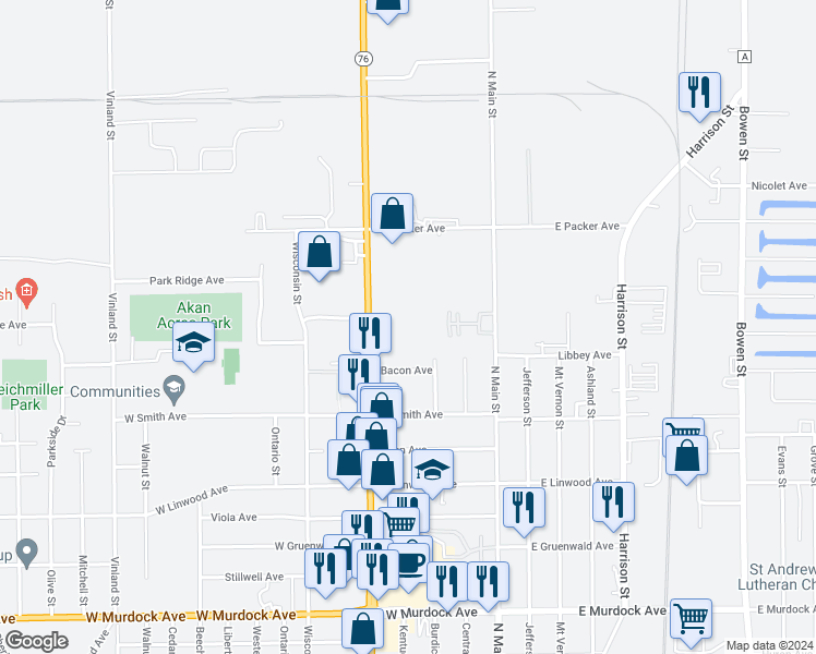 map of restaurants, bars, coffee shops, grocery stores, and more near 2440 Jackson Street in Oshkosh