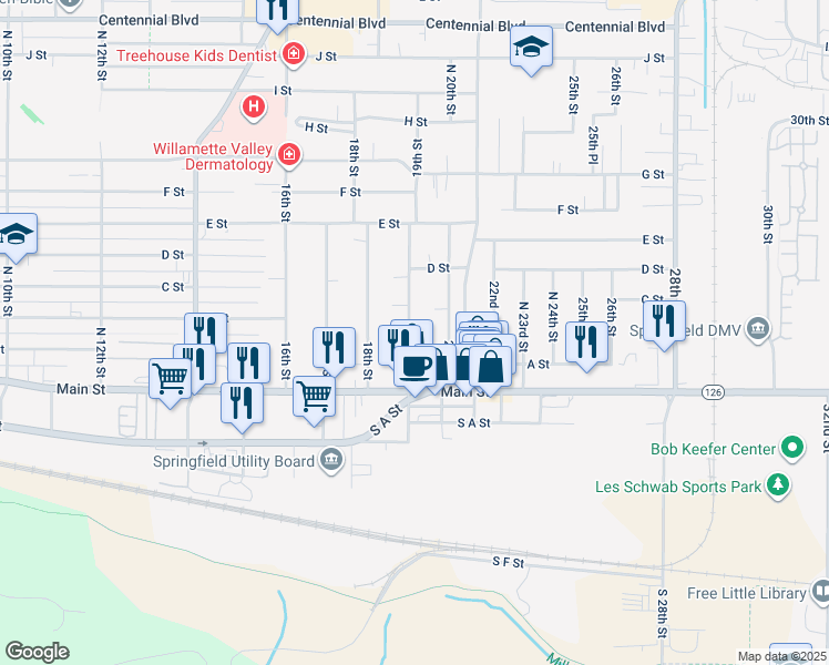 map of restaurants, bars, coffee shops, grocery stores, and more near 245 19th Street in Springfield