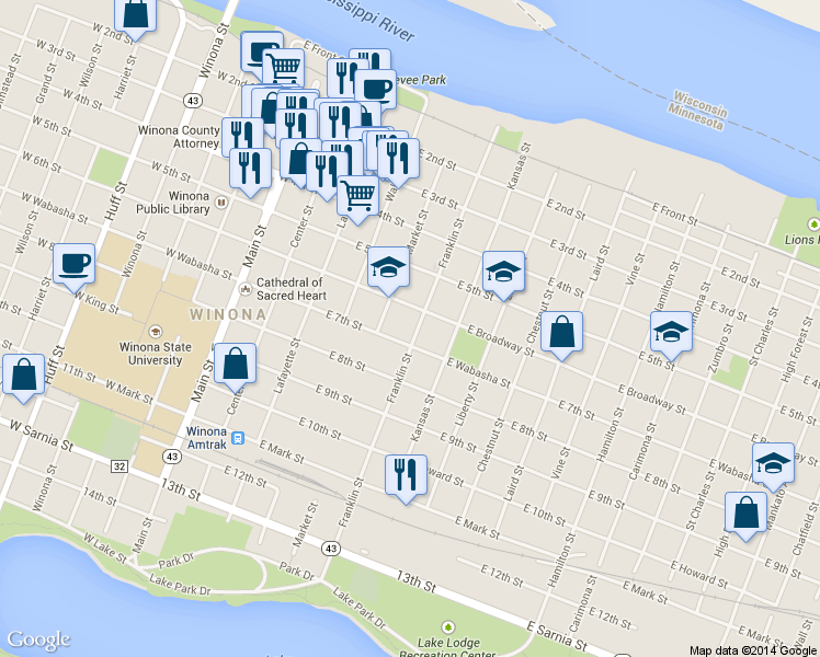 map of restaurants, bars, coffee shops, grocery stores, and more near 317 Franklin Street in Winona