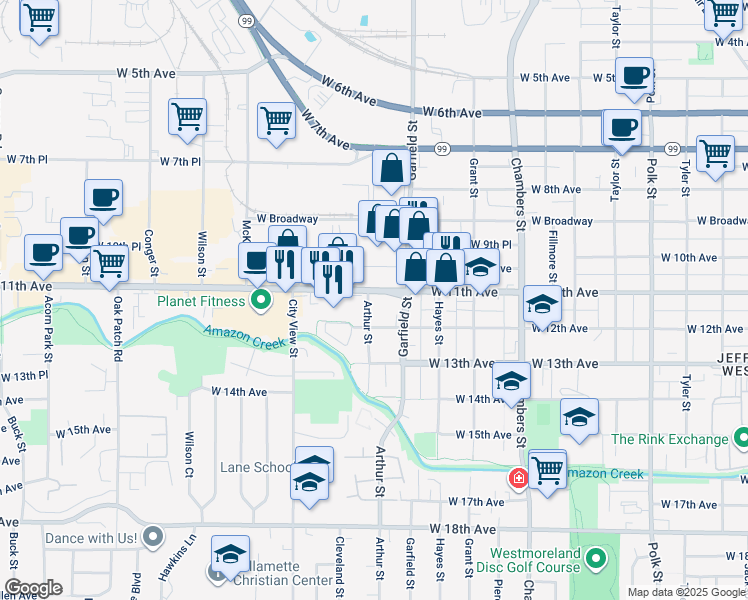 map of restaurants, bars, coffee shops, grocery stores, and more near 2090 Oregon 126 in Eugene
