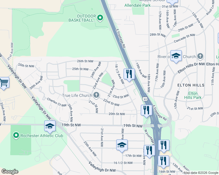 map of restaurants, bars, coffee shops, grocery stores, and more near 2108 24th Street Northwest in Rochester